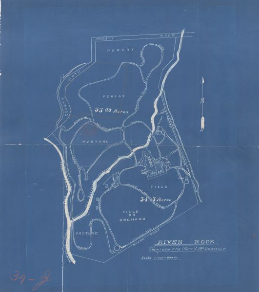 Overhead map of the Stanley McCormick's Riven Rock estate in El Montecito, Santa Barbara, California. The map shows the placement of dwellings and fields, and some geographical features such as creeks and roads. The map was likely used to plan for the landscaping of the estate.