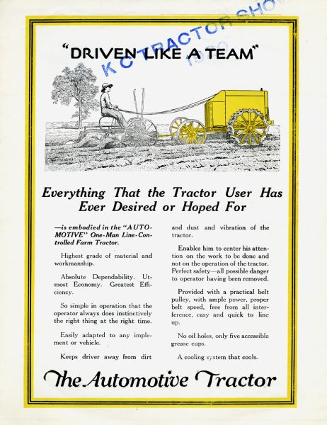 Advertisement for the Automotive one-man line-controlled farm tractor. The advertisement features an illustration of a man using the tractor to pull a plow through a farm field.
