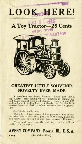 Advertisement for a cast-iron Avery tractor replica toy. The location of the Avery Company is identified as Peoria, Illinois.