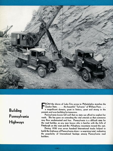 Page from an advertising brochure for International trucks. Two International trucks owned by the Ritter Bros. are parked on a highway construction site while a crane does work nearby.