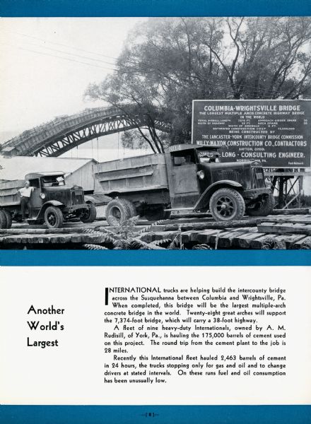 Page from an advertising brochure for International trucks. International trucks are used during the construction of an inter-county bridge between Columbia and Wrightsville, Pennsylvania.