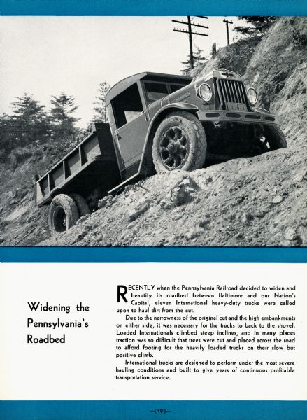 Page from an advertising brochure for International trucks. An International truck ascends a hillside during the widening of the Pennsylvania roadbed between Baltimore and Washington, D.C.