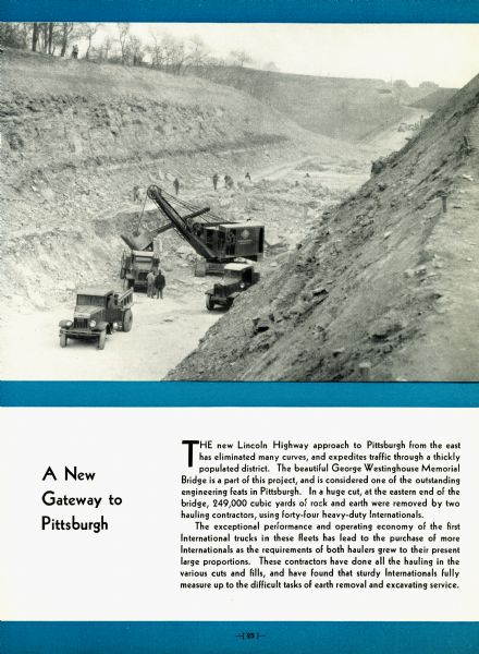 Page from an advertising brochure for International trucks. International trucks are used on a construction site during the building of the George Westinghouse Memorial Bridge.