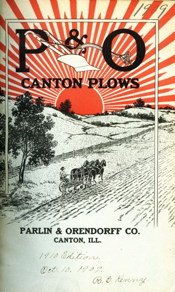 Cover of an advertising brochure for P&O Canton plows, manufactured by Parlin and Orendorff. Includes an illustration of a farmer using a horse-drawn plow in a field with an orange sun on the horizon in the background.