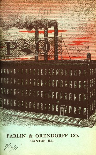 Cover of an advertising brochure for Parlin and Orendorff Company, makers of P&O plows and other agricultural implements. Features an illustration of the company's factory building in Canton, Illinois, including three large smokestacks.