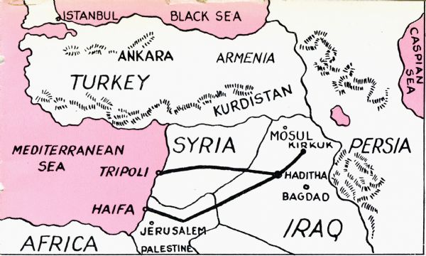 Map of the Middle East accompanying an article on International's involvement in building the Iraq Pipe Line. Headline text on the page reads: "International Harvester Service, whose long arm reaches out to every civilized part of the world, is on the job in Iraq, guarding the International Harvester equipment against delay and service interruption."
