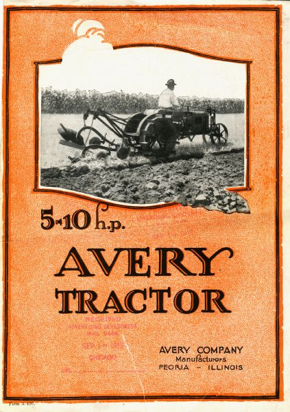 Front cover of a pamphlet advertising the 5-10 horsepower Avery tractor.