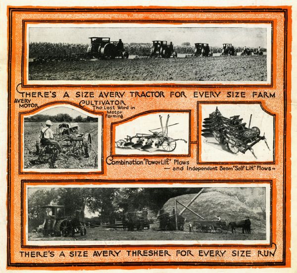 Back cover of a pamphlet advertising multiple sizes of Avery tractors. The cover features photographs of Avery tractors at use on farms, along with two illustrations of a combination Power Lift plow and an independent beam Self Lift plow.
