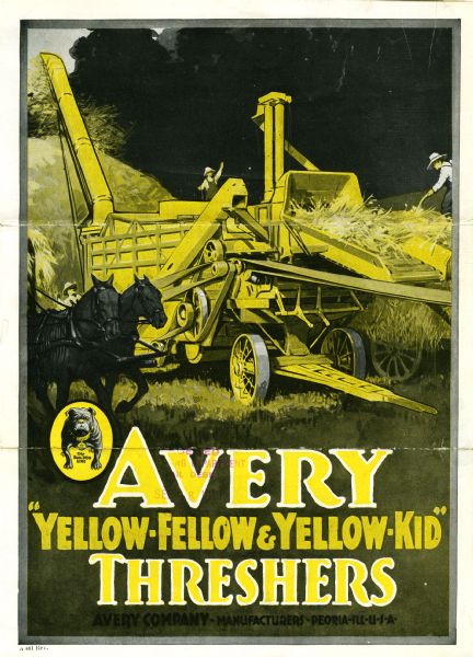 Front cover of a pamphlet advertising the Avery Yellow-Fellow and Yellow-Kid threshers. The cover features an illustration of men using threshers in a farm field, along with a smaller inset illustration of a bulldog with a caption reading: "The Bull Dog Line."