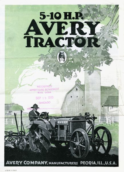 Front cover of a booklet advertising the 5-10 horsepower Avery tractor featuring an illustration of a man using the tractor on a farmstead. An inset illustration of a dog at center has a caption reading: "The Bull Dog Line."