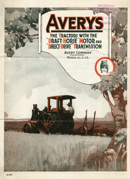 Front cover of a booklet advertising Avery tractors. A color illustration depicts a man using the tractor in a farm field. The caption at top reads: "The Tractors with the 'Draft-Horse' Motor and 'Direct-Drive' Transmission." The Avery logo of a dog with the words "The Bulldog Line" is on the right.