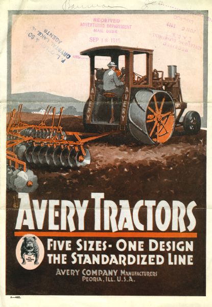 Front cover of a pamphlet advertising the Avery tractor standardized line featuring a color illustration of a man using a tractor and plow in a field. The Avery logo of a dog with the words "The Bulldog Line" is on the left.