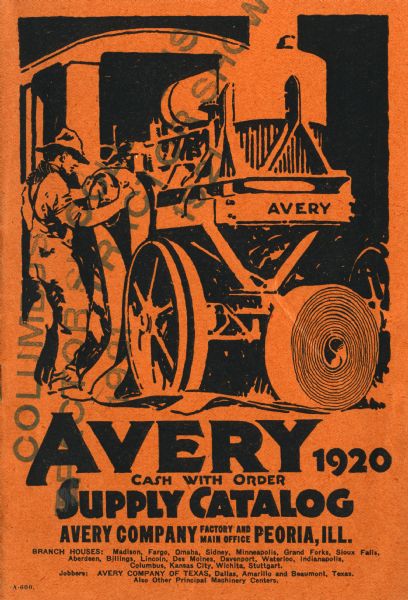 Front cover of the Avery Supply Catalog featuring an illustration of a man fitting a belt on a tractor.
