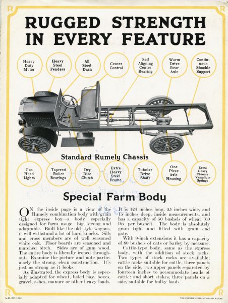 Back cover of a pamphlet advertising the Rumely 1 1/2 ton farm truck featuring an illustrated diagram of the vehicle. The headline text reads: "Rugged Strength in Every Feature. Standard Rumely Chassis. Special Farm Body."
