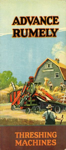 Back cover of a pamphlet advertising Advance-Rumely threshing machines featuring a color illustration of farmers using a stationary thresher near a barn.