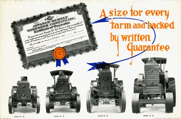 Back cover of a booklet advertising the Rumely OilPull tractor featuring a headline reading: "A size for every farm and backed by written guarantee." Four sizes of the tractor are illustrated below.