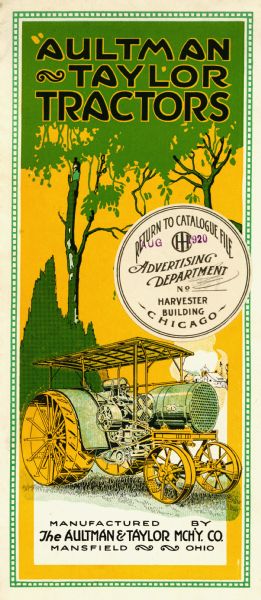 Front cover of a pamphlet advertising Aultman and Taylor tractors featuring a color illustration of a tractor beneath trees.