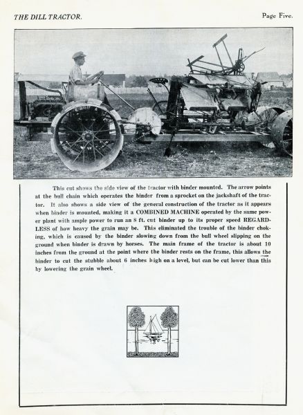 Side view photograph of a man using a Dill tractor and grain binder in a field, with an explanation below describing how the binder is operated. A small illustration at the bottom is of two trees and a sailboat.