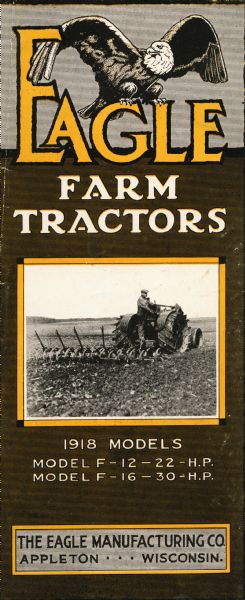 Front cover of a pamphlet advertising Eagle farm tractors. Features an illustration of an eagle and a photograph of a man using a tractor in a field.