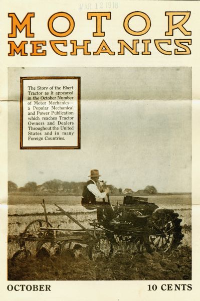 Front cover of the October issue of "Motor Mechanics" magazine featuring a photograph of a man smoking a pipe while using an Ebert tractor.