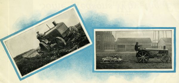 Two views of a man using the Elgin tractor. The image at left shows the farmer using the machine in a field; the image at right depicts the man using the tractor to haul a load of rocks on a sled near what appear to be factory buildings.