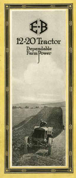 Front cover of a pamphlet advertising the Emerson-Brantingham Implement Company 12-20 tractor featuring a photograph of a farmer using the tractor in a field.