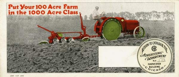 Color illustration of a man using an Emerson-Brantingham tractor and plow in a field, accompanied by the caption: "Put Your 100 Acre Farm in the 1000 Acre Class."