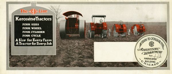 Pamphlet advertising the E-B line of kerosene tractors. Features a color illustration of four different tractors in a field along with the text: "Kerosene Tractors. Four sizes, four wheel, four cylinder, four cycle. A Size for Every Farm, A Tractor for Every Job."