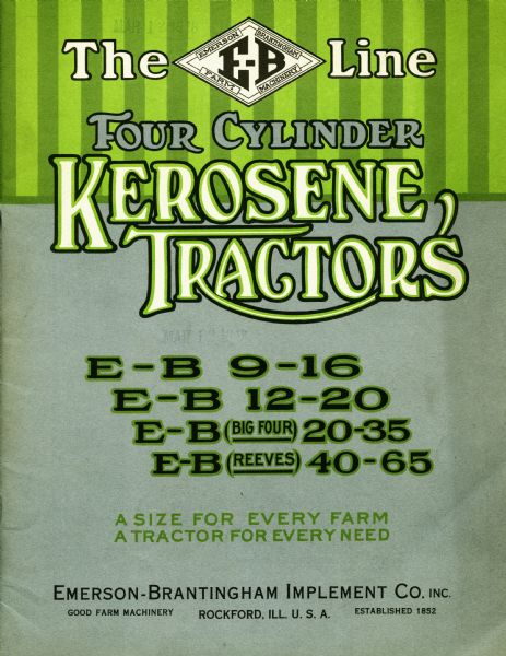 Front cover of a booklet advertising the E-B line of four cylinder kerosene tractors.