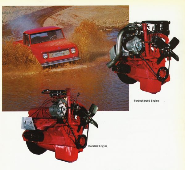 Color illustration of an International Scout 800, a standard Scout engine and an optional turbocharged engine. The Scout 800 truck is shown being driven through a muddy stream.