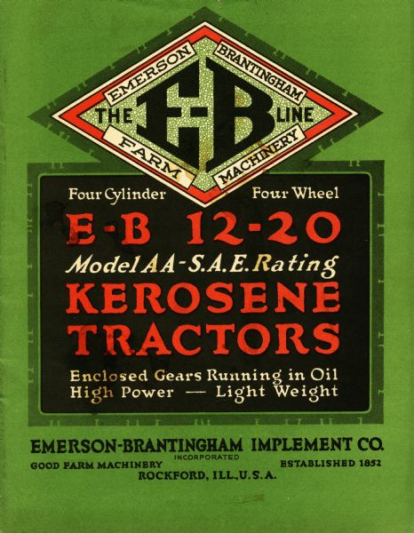 Front cover of a booklet advertising the E-B 12-20 Model AA line of kerosene tractors. Text reads: "Enclosed Gears Running in Oil. High Power — Light Weight."
