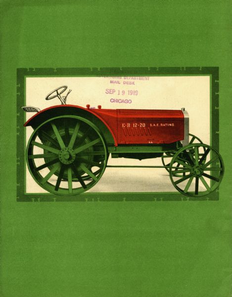Color illustration of an E-B 12-20 kerosene tractor, surrounded by a green border.