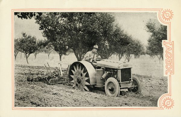 Advertising illustration for Fegeol tractors showing a farmer using a tractor in a field.