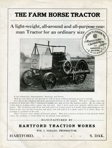 Pamphlet advertising the farm horse tractor produced by Hartford Traction Works, featuring a side view photograph of the machine.