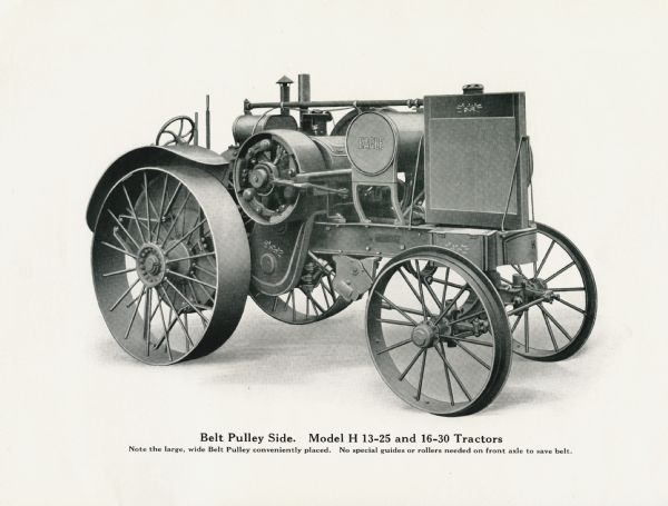 Advertisement for the Eagle Model H 13-25 and 16-30 tractors. The caption reads: "Note the large, wide Belt Pulley conveniently placed. No special guides or rollers needed on front axle to save belt."