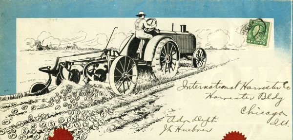 Advertising mailer for the Elgin tractor, featuring an illustration of a man using a tractor and disc harrow to plant coins marked with a dollar sign.