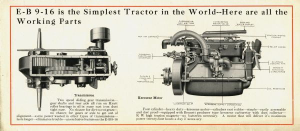 Advertisement for the E-B 9-16 tractor with illustrations of the machinery's transmission and kerosene motor. The headline reads: "E-B 9-16 is the Simplest Tractor in the World--Here are all the Working Parts."