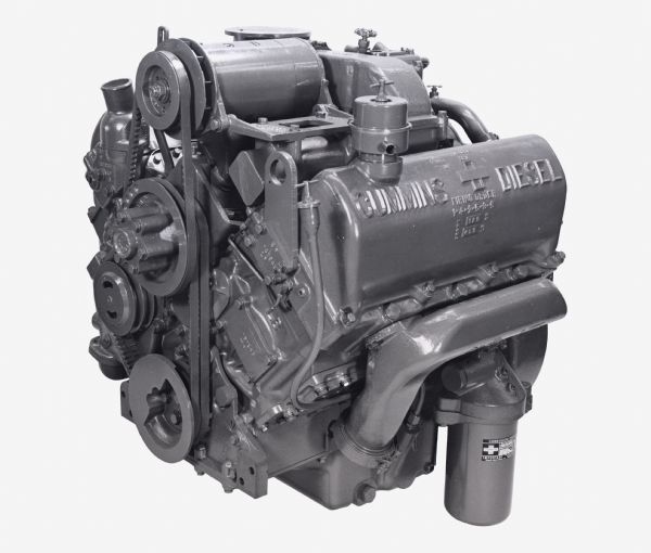 Side view of a Cummins diesel engine set against a white background. The engine was used in International trucks.