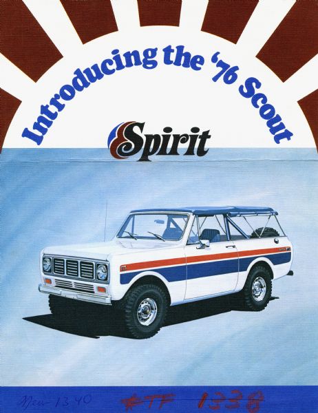 Advertisement for the 1976 Scout Spirit truck. The ad includes a color illustration of the Scout with the text: "Introducing the '76 Scout Spirit."