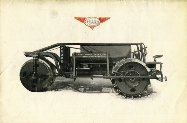 Side-view illustration of the Chase farm tractor pictured beneath the Chase logo. The text on the tractor reads: "Chase Motor Truck Co. Syracuse, N.Y."