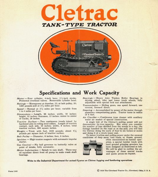 Advertisement for the Cletrac tank-type crawler tractor featuring an illustration of the tractor accompanied by a listing of the machine's specifications and work capacity. Cletrac was based in Cleveland, Ohio.