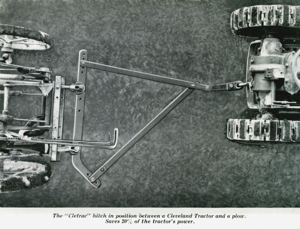 Overhead view of the Cletrac hitch in position between a Cleveland tractor and a plow. The caption reads: "Saves 20% of the tractor's power."