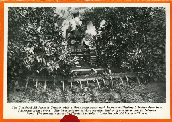A farmer uses a Cleveland All-Purpose crawler tractor in a grove of orange trees. The caption beneath the photograph reads: "The Cleveland All-Purpose Tractor with a three-gang goose-neck harrow cultivating 7 inches deep in a California orange grove. The trees here are so close together that only one horse can go between them. The compactness of the Cleveland enables it to do the job of 4 horses with ease."