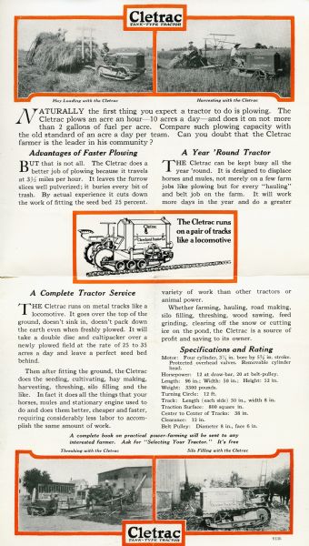 Advertisement for the Cletrac tank-type crawler tractor featuring photographs of the tractor in action on a farm. The photographs illustrate, clockwise from top left: "Hay Loading with the Cletrac," "Harvesting with the Cletrac," "Silo Filling with the Cletrac," and "Threshing with the Cletrac."