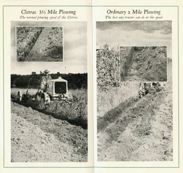 Advertisement for the Cletrac tank-type crawler tractor featuring a side-by-side photographic comparison of the Cletrac's plowing power versus that of another tractor.
