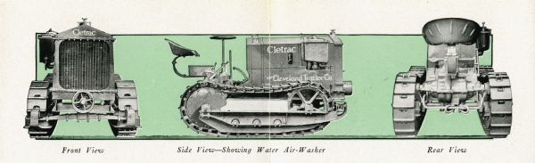 Illustrations of the front, side (showing water air-washer), and rear views of the Cletrac tank-type crawler tractor, set against a green background.