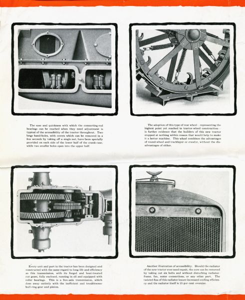 Four close-up views of the Craig tractor. They include, from top left: connecting-rod bearings, rear wheel, transmission, and radiator.