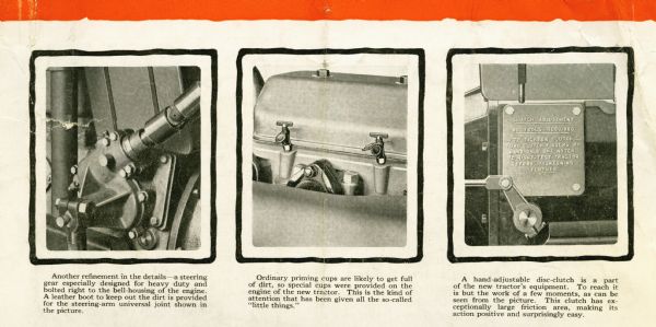 Three close-up photographs of the Craig tractor. They include, from left, the steering gear, priming cups, and a hand-adjustable disc-clutch.