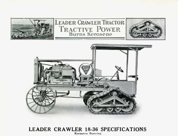 Side-view illustration of the Leader Crawler 18-36 tractor. The text within the decorative border above the illustration reads: "Leader Crawler Tractor. Tractive Power. Burns Kerosene."