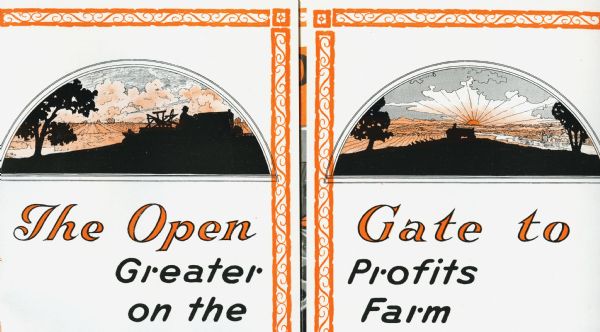 Advertisement for the Dayton-Dowd Leader 16-32 tractor featuring two half-circle illustrations of farm scenes and text reading: "The Open Gate to Greater Profits on the Farm." The two flaps of the advertisement open in the middle to reveal a poster.